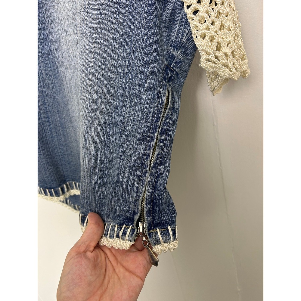 Crest Jeans Top L Blue Crochet Sleeve Denim V-Neck Boho Y2K Western Festival - Picture 4 of 11